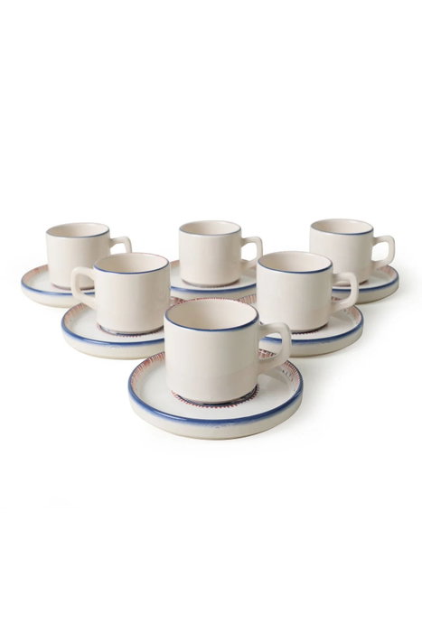 Hermia Juego de Tazas de Té y Platillos Blanco y Azul Marino (12 Piezas)